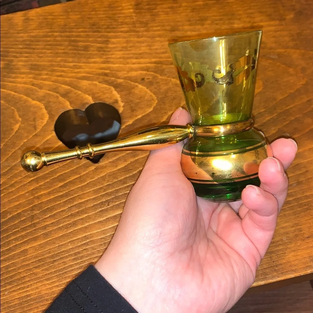 Vintage Bohemian Green Gold Glass Turkish Coffee Goblet Decanter Brass Handle